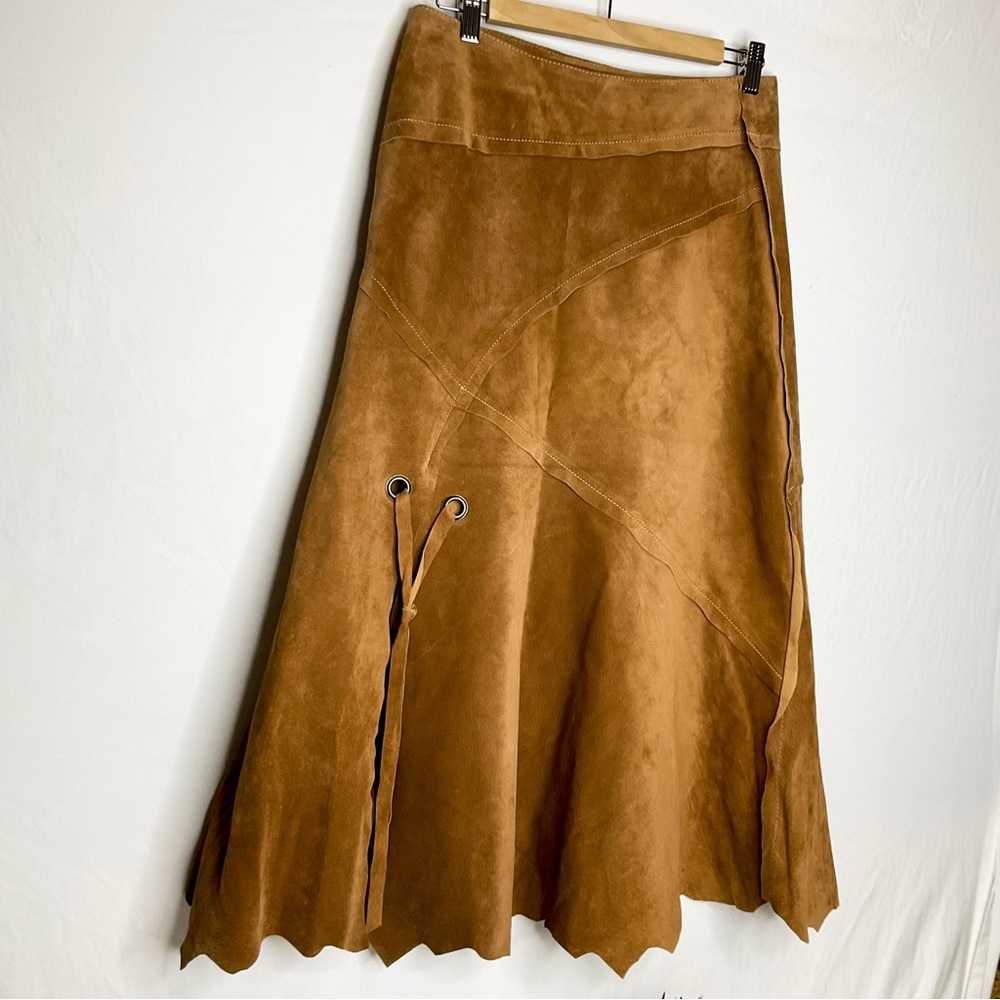 Danier Suede Wrap Skirt Camel Scalloped Hem Leather 6